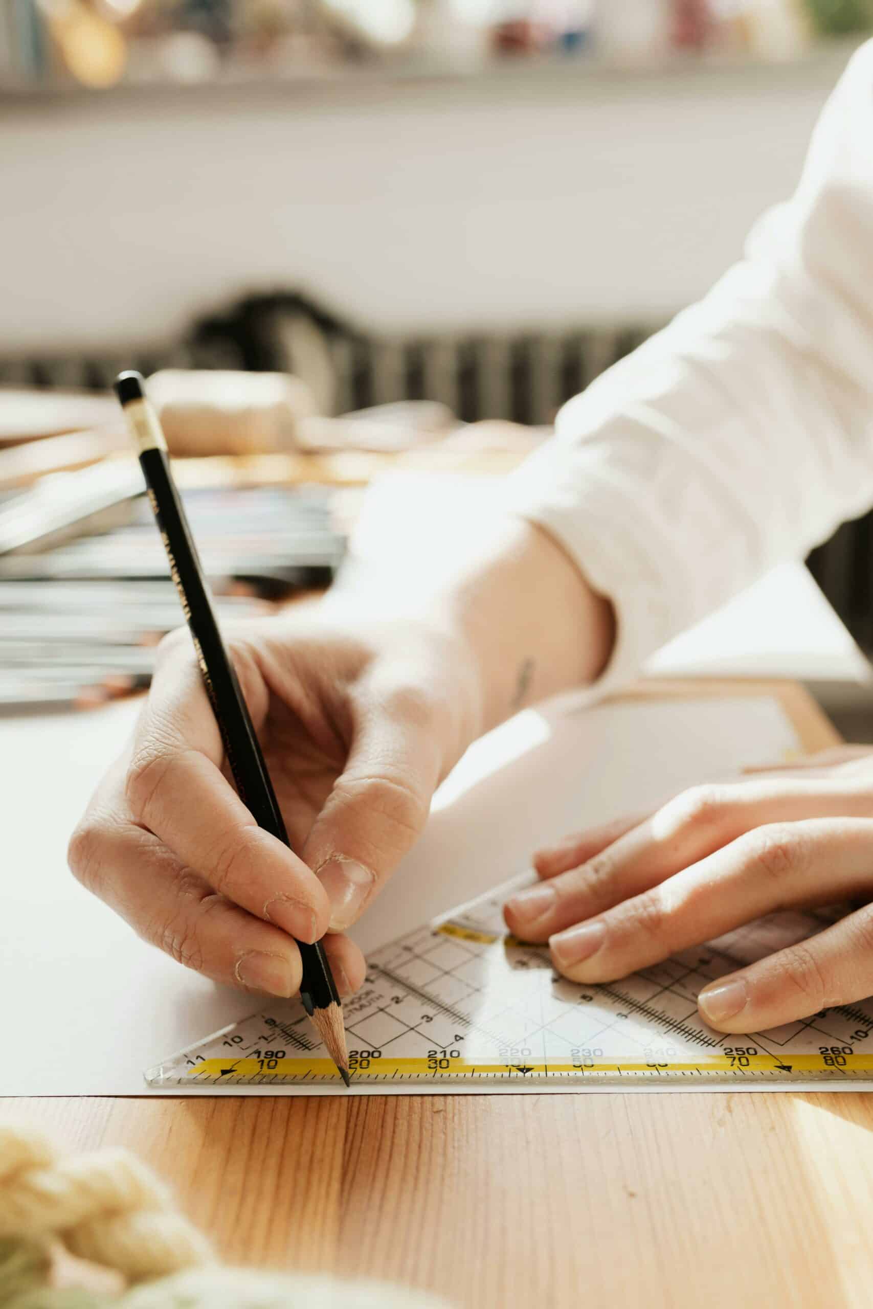 Sophie Mélignon, maître d’œuvre spécialisée en géobiologie, en train de dessiner un plan de construction ou de rénovation écologique sur une feuille, pour un projet de maison dans le Bas-Rhin, avec Biosphère Habitat.